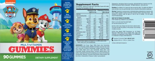 Label for Paw Patrol Multivitamin Gummies