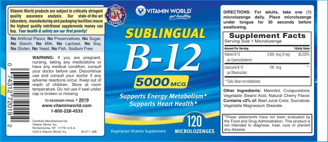 Label for Sublingual B-12 5000 mcg