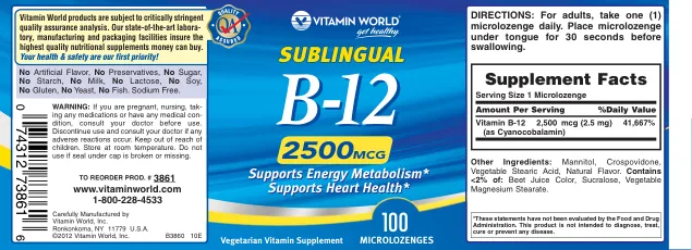 Label for Sublingual B-12 2500 mcg