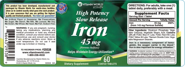 Label for High Potency Slow Release Iron 45 mg