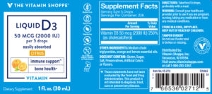 Label for Liquid D3 50 mcg (2000 IU) Citrus