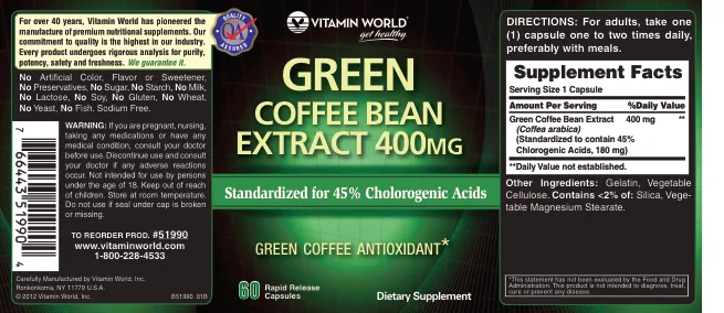 Label for Green Coffee Bean Extract 400 mg