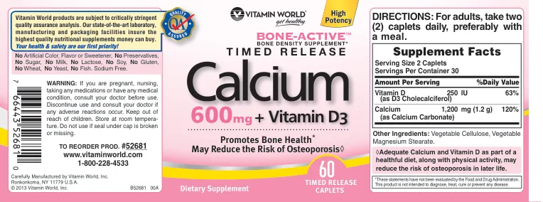 Label for Timed Release Calcium 600 mg + Vitamin D3