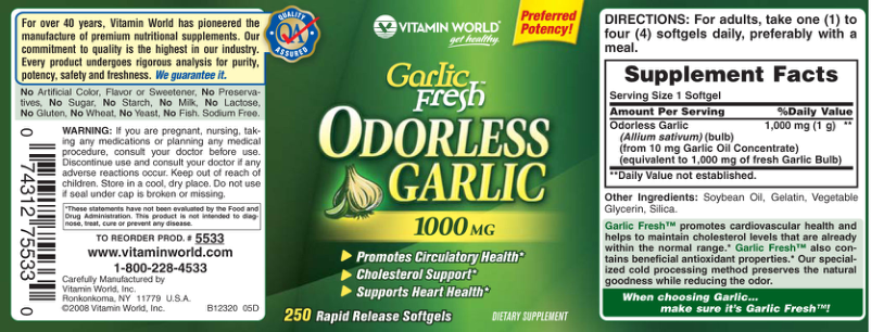 Label for Garlic Fresh Odorless Garlic 1000 mg