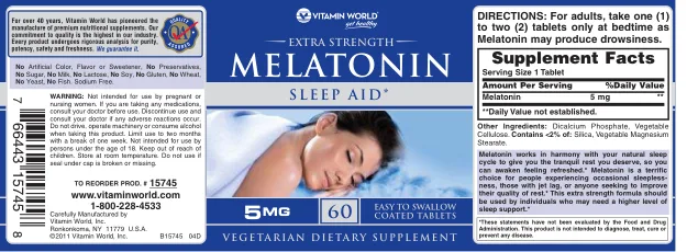 Label for Extra Strength Melatonin 5 mg
