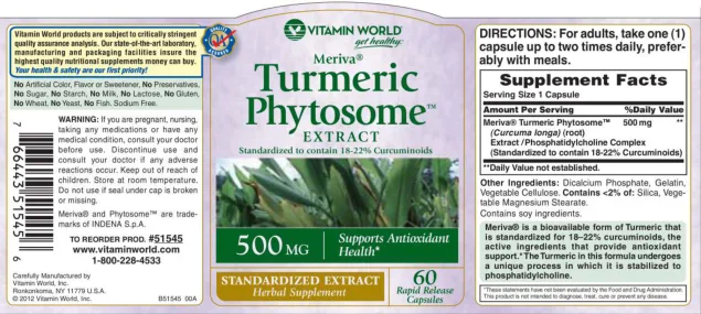 Label for Meriva Turmeric Phytosome Extract 500 mg