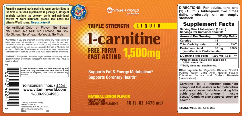 Label for Triple Strength Liquid L-Carnitine Fast Acting 1,500 mg Natural Lemon Flavor