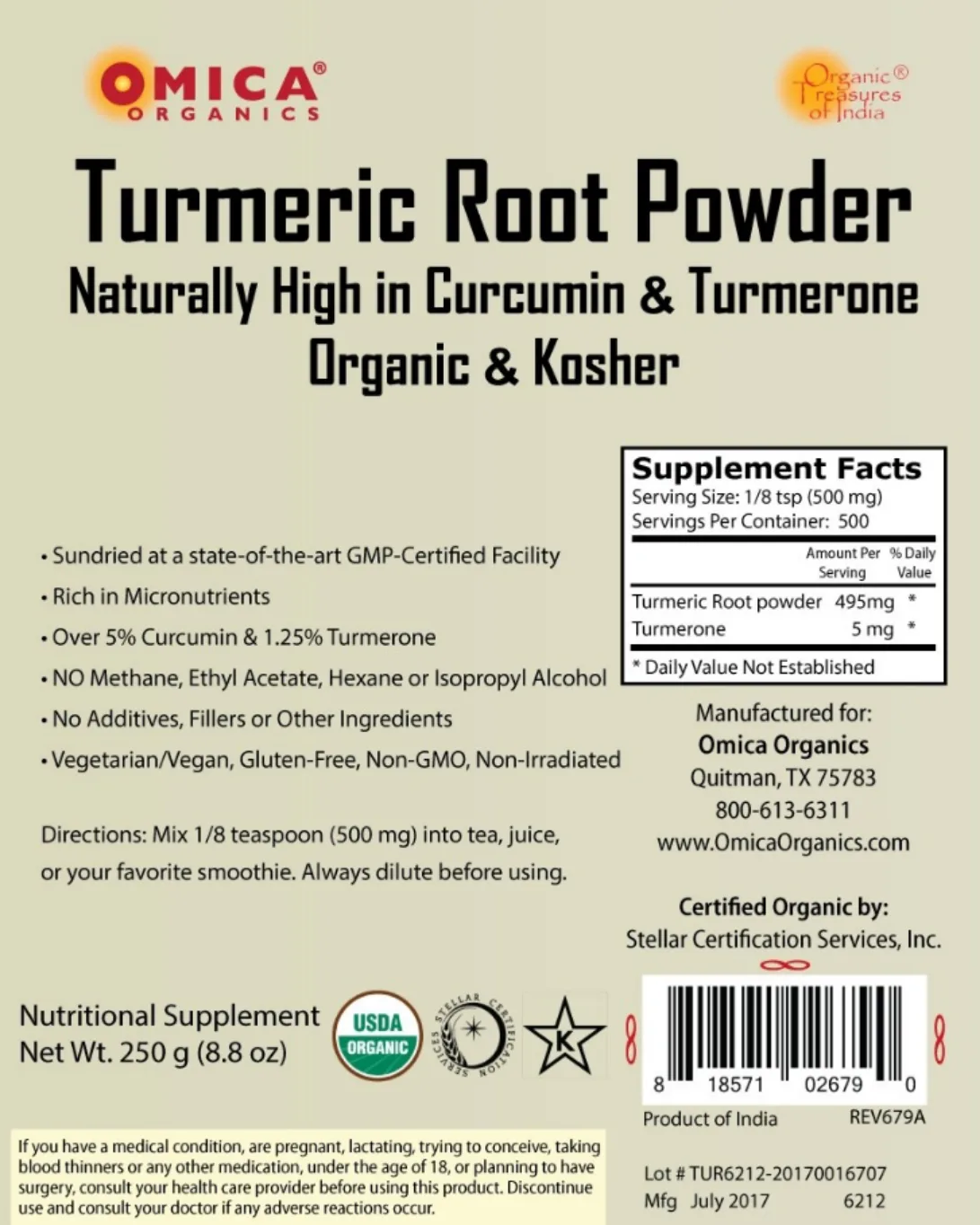 Label for Turmeric Root Powder