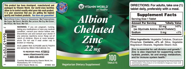 Label for Albion Chelated Zinc 22 mg