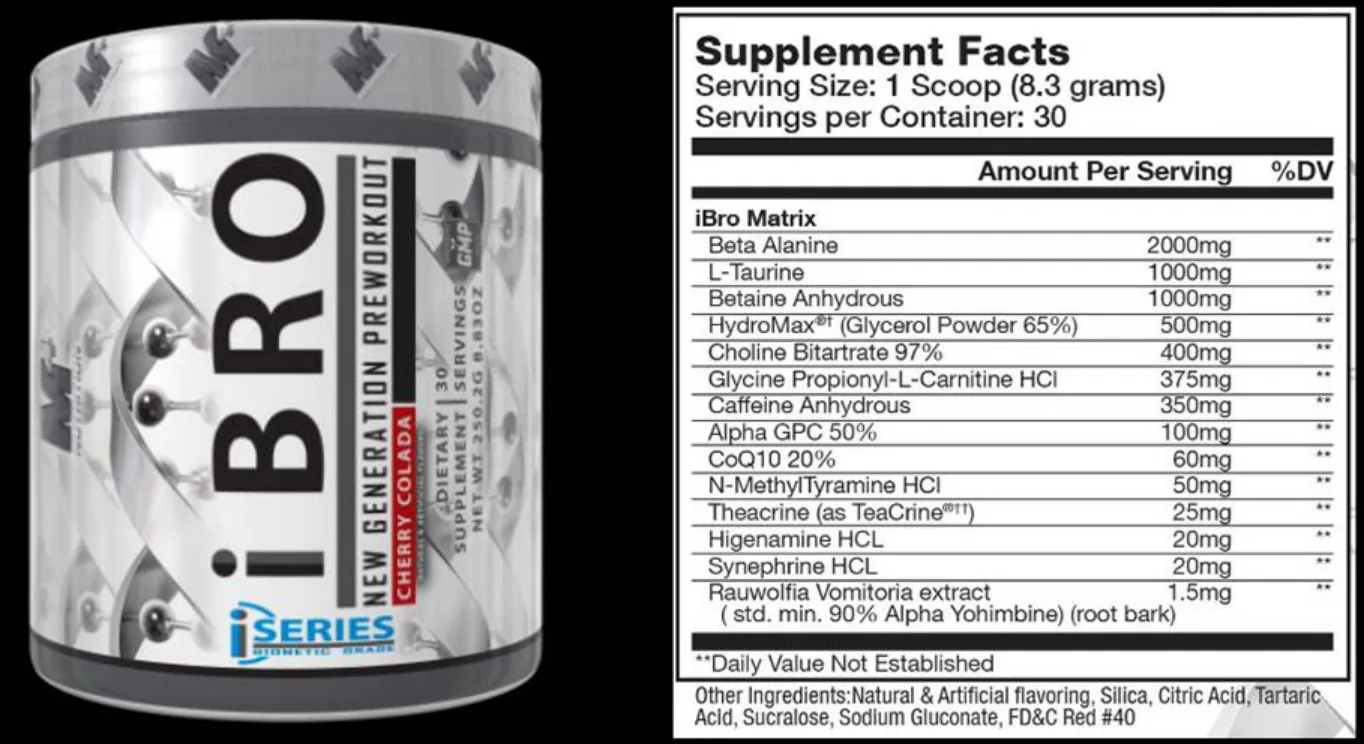 Label for iBro New Generation Preworkout Cherry Colada