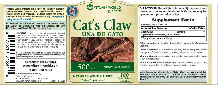 Label for Cat's Claw Una De Gato 500 mg