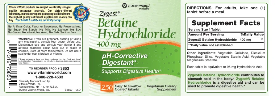 Label for Zygest Betaine Hydrochloride 400 mg