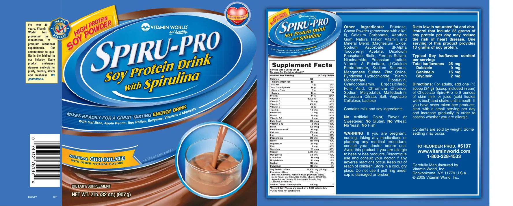 Label for Spiru-Pro Soy Protein Drink With Spirulina Natural Chocolate