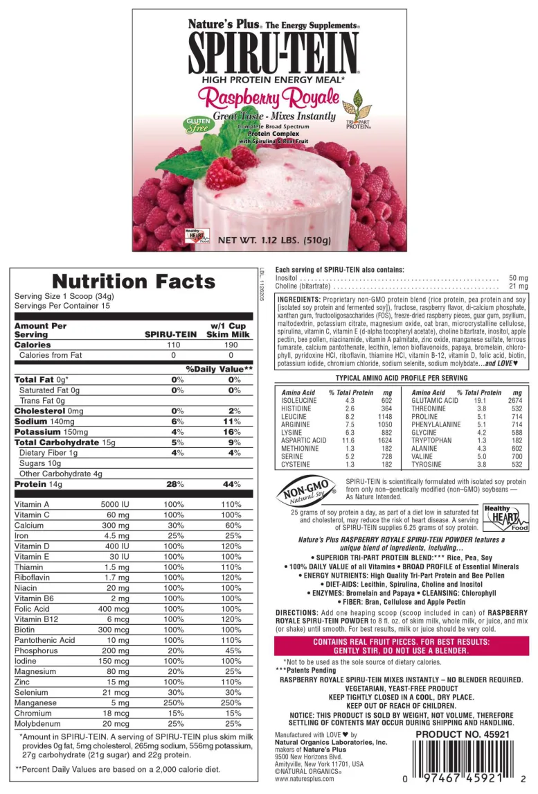 Label for Spiru-Tein High Protein Energy Meal Raspberry Royale