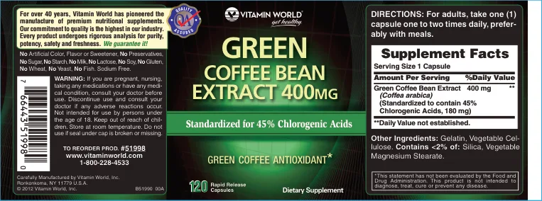Label for Svetol Green Coffee Bean Extract 400 mg