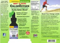 Label for ChlorOxygen Chlorophyll Concentrate Alcohol Free Mint Flavored