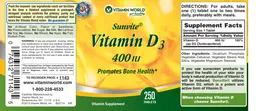 Label for Sunvite Vitamin D3 400 IU