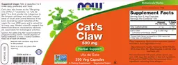 Label for Cat's Claw 500 mg