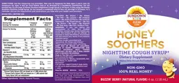 Label for Honey Soothers Nighttime Cough Syrup Buzzin' Berry