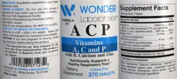 Label for A C P vitamins with B, Calcium and Zinc