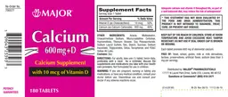 Label for Calcium 600 mg + D with 10 mcg of Vitamin D