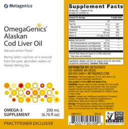 Label for OmegaGenics Alaskan Cod Liver Oil Natural Lemon Flavor