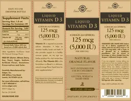 Label for Liquid Vitamin D3 125 mcg Natural Orange Flavor