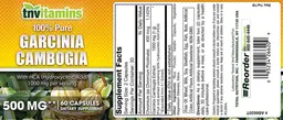 Label for 100% Pure Garcinia Cambogia 500 mg