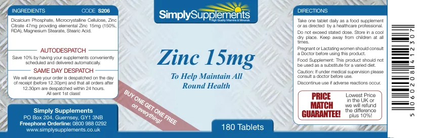Label for Zinc 15 mg