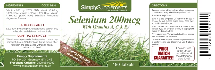 Label for Selenium 200 mcg With Vitamins A, C & E