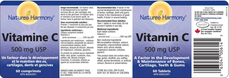 Label for Vitamin C 500 mg USP