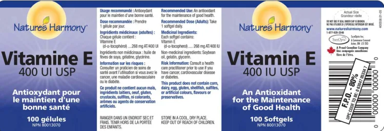 Label for Vitamin E 400 IU USP