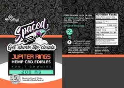 Label for Spaced Hemp CBD Edibles Jupiter Rings 200 mg Gummy Peach Rings