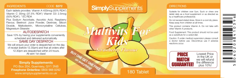 Label for Multivits For Kids Strawberry Flavour
