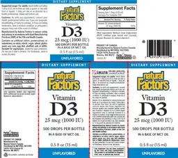Label for Vitamin D3 25 mcg (1000 IU) Unflavored
