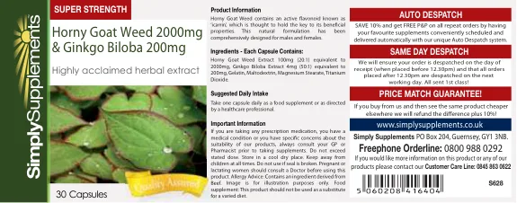 Label for Horny Goat Weed 2000 mg & Ginkgo Biloba 200 mg