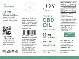 Label for Premium CBD Oil 15 mg Tranquil Mint