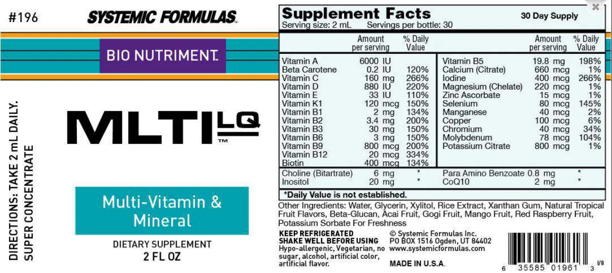 Label for MLTI LQ Mulit-Vitamin & Mineral