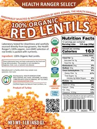 Label for 100% Organic Red Lentils