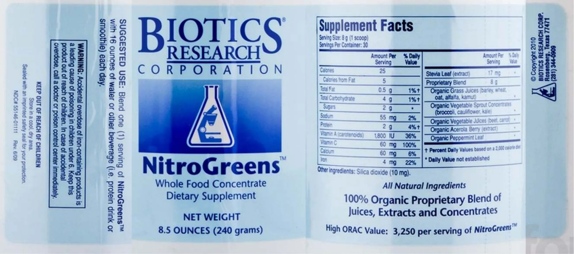 Label for NitroGreens Whole Food Concentrate