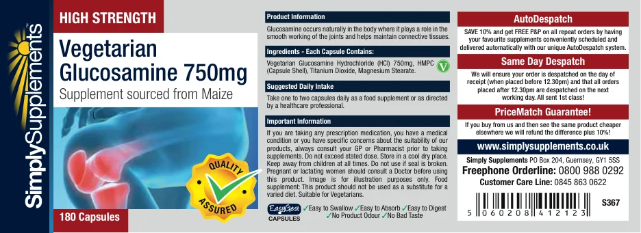 Label for Vegetarian Glucosamine 750 mg