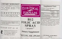 Label for B12 Folic Acid Spray Lipopure