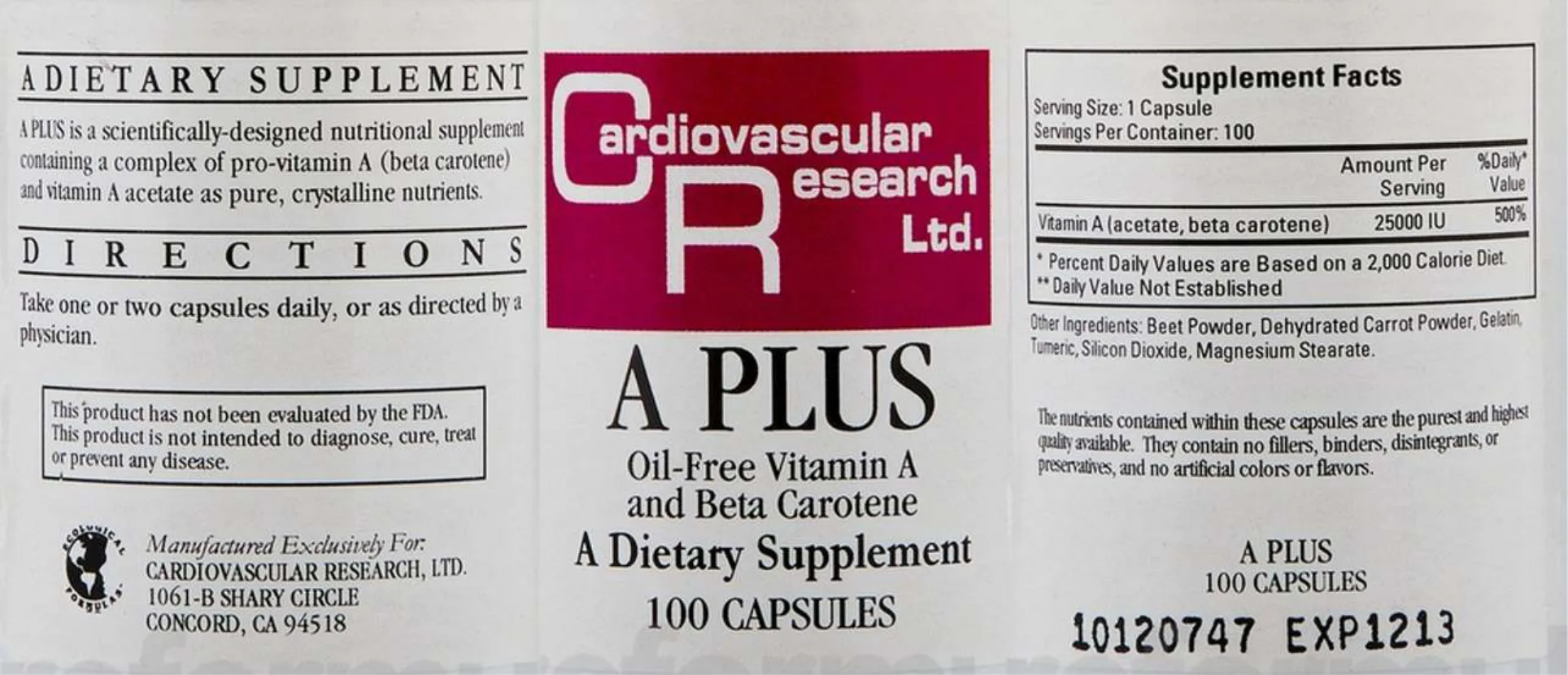 Label for A Plus Oil-Free Vitamin A And Beta Carotene