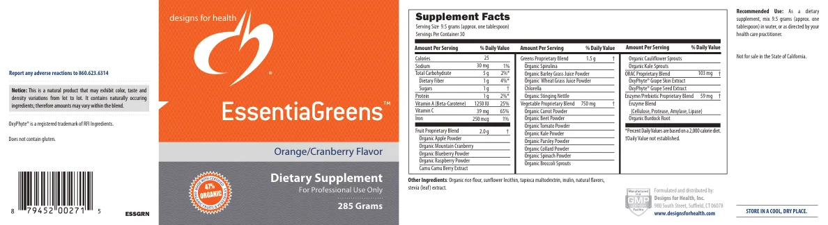 Label for EssentiaGreens Orange/Cranberry Flavor