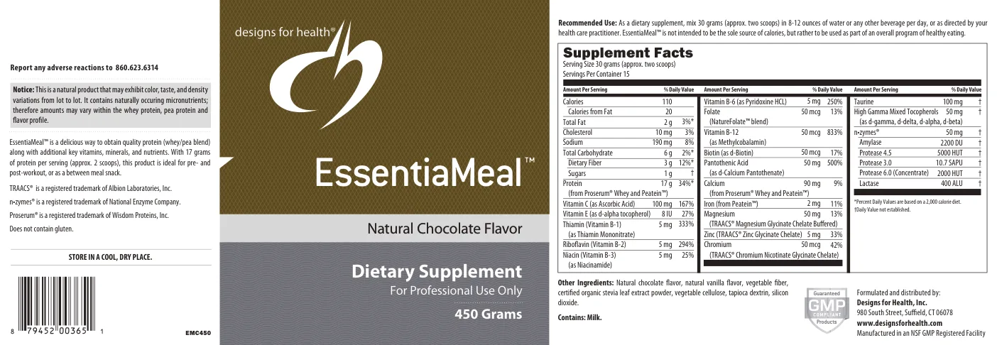 Label for EssentiaMeal Natural Chocolate Flavor