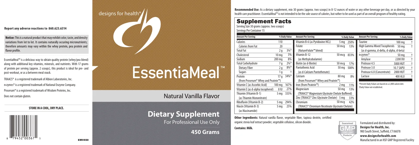 Label for EssentiaMeal Natural Vanilla Flavor