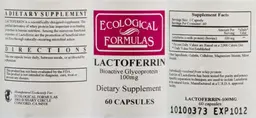 Label for Lactoferrin Bioactive Glycoprotein 100 mg