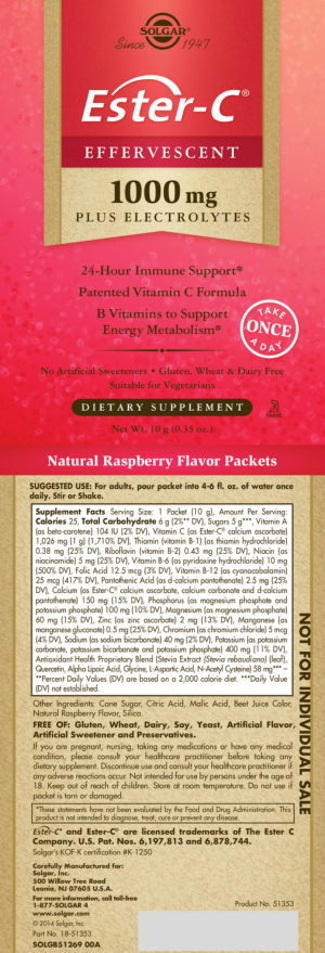 Label for Ester-C Effervescent 1000 mg Natural Raspberry Flavor