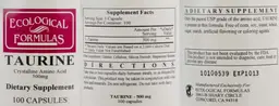 Label for Taurine Crystalline Amino Acid 500 mg