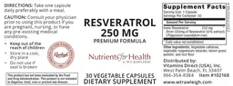 Label for Resveratrol 250 mg